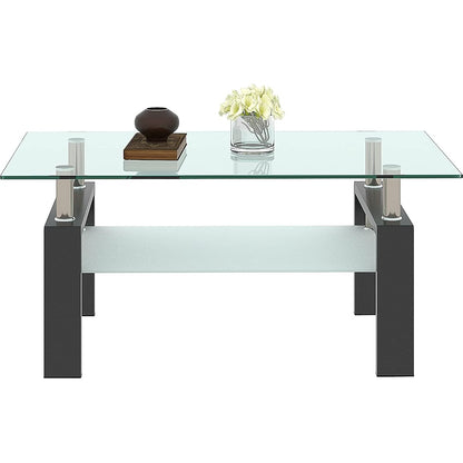 Morden Design Rectangle Glass Coffee Table for Living Room, with Black Metal Legs, Clear Tempered Glass