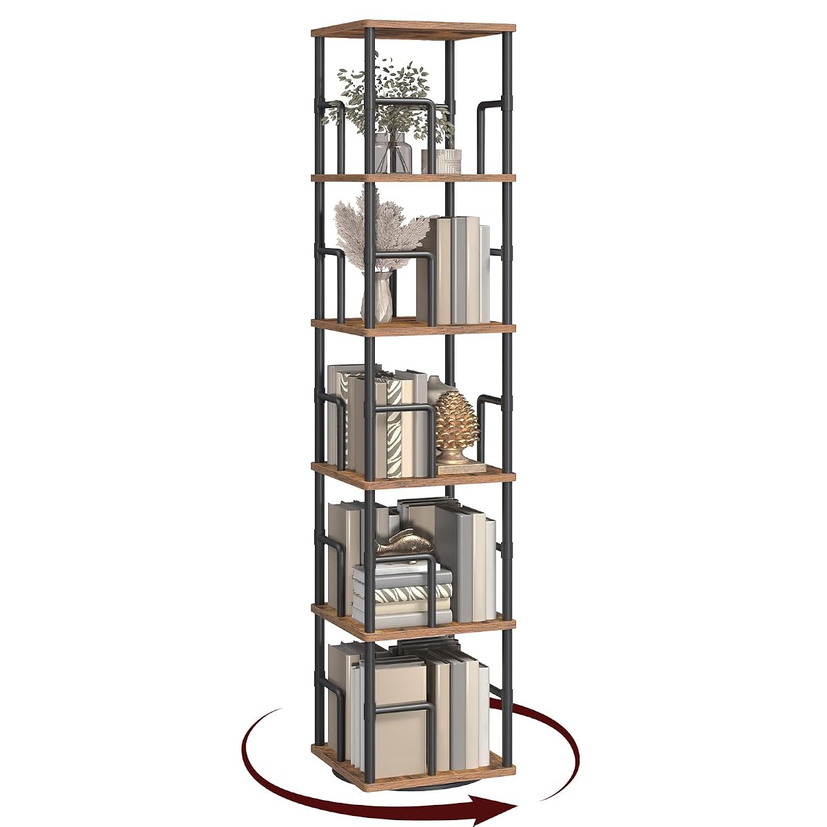 5-Tier Rotating Bookshelf, Freestanding Corner Bookshelf, 360° Spinning Bookcase