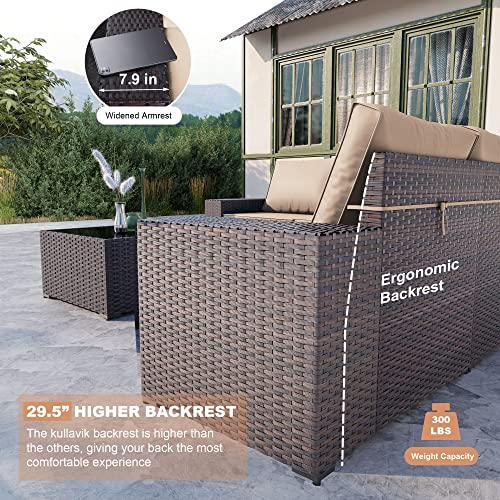 Outdoor Patio Furniture Set 6 Pieces Sectional Rattan Sofa Set Brown PE Rattan Wicker Patio Conversation Set with 5 Seat Cushions and 1 Tempered Glass Table,Sand