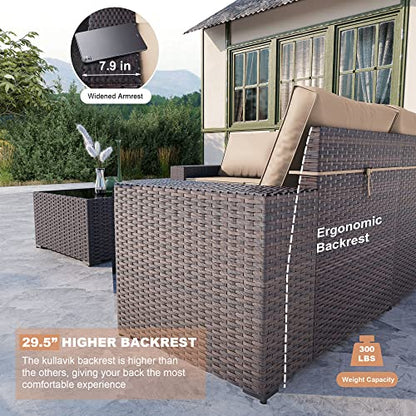 Outdoor Patio Furniture Set 6 Pieces Sectional Rattan Sofa Set Brown PE Rattan Wicker Patio Conversation Set with 5 Seat Cushions and 1 Tempered Glass Table,Sand