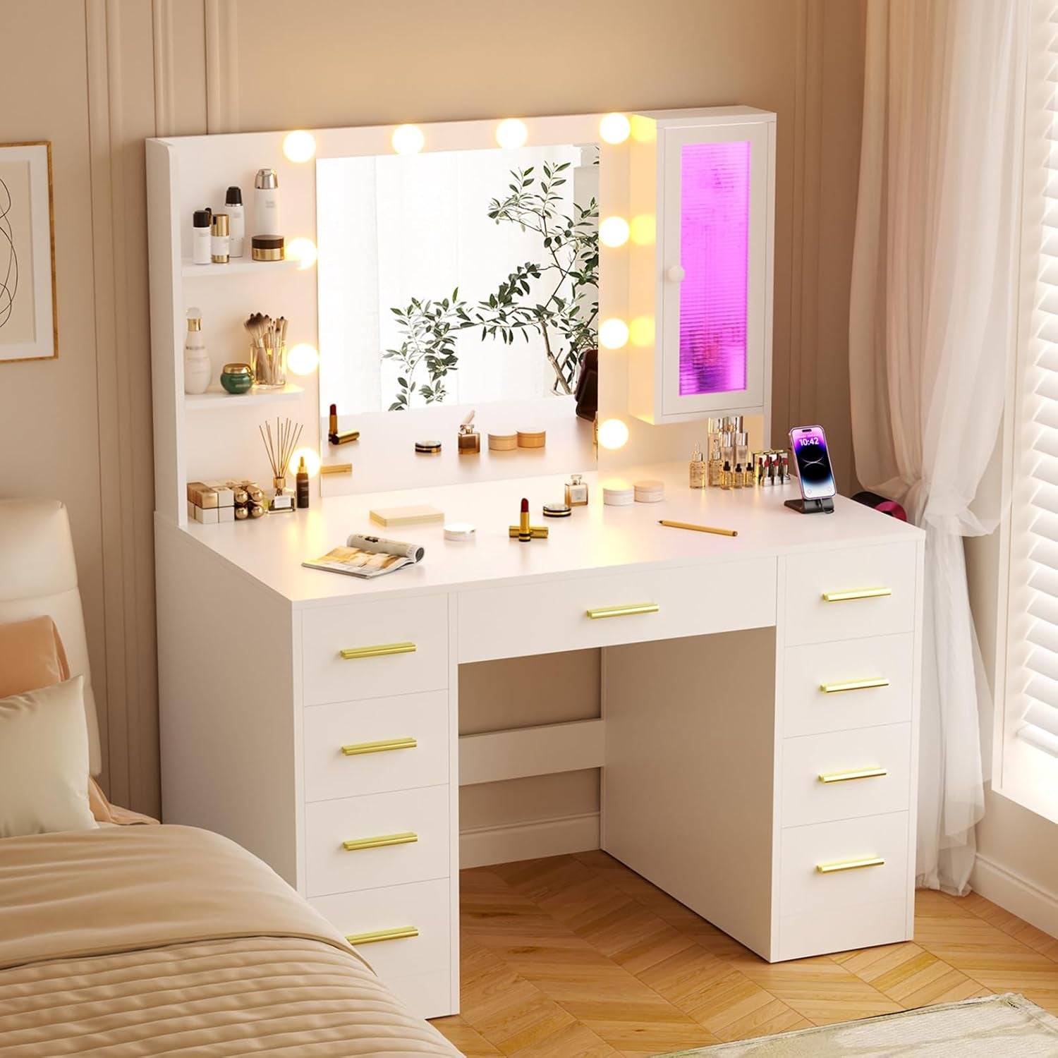 Vanity Desk with Mirror and Lights, 43" Large Makeup Dressing Table with 9 Drawers & 3 Shelves, RGB LED Lighting & Power Outlet, White and Gold