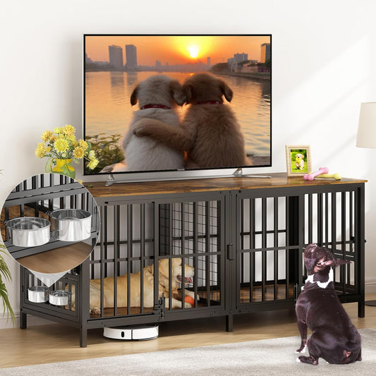 Extra Large 80" Dog Crate Furniture for 2 Dogs, Double Dog Crates for Large Dogs with 2 Dog Bowl, Wooden Pet Cage with Removable Divider, Sliding Door Dog Crate TV Stand, Space Saving
