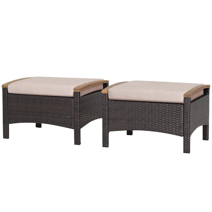 Outdoor Wicker Ottomans for Patio - 2 Pieces PE Rattan Ottoman, Footrest Seat with Zippered Cushions, Acacia Wood Handles, 3-in-1 Footstool, Side Table for Poolside, Backyard (Brown)