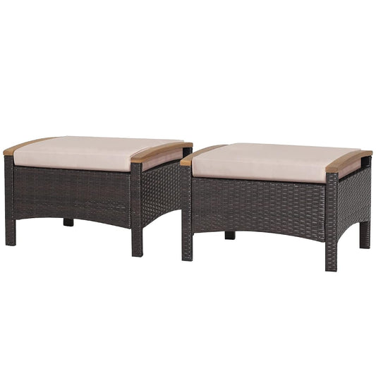 Brown wicker outdoor ottomans set of two with zippered cushions