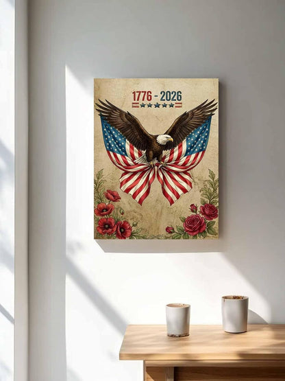 NuYeBiofx Anniversary Patriotic Eagle Canvas Wall Art Prints,30"x20" Framed Picture Artwork USA Flag Vintage Flower Leaf Printed Canvas Oil Painting for Living Room Bedroom Office,Ready to Hang