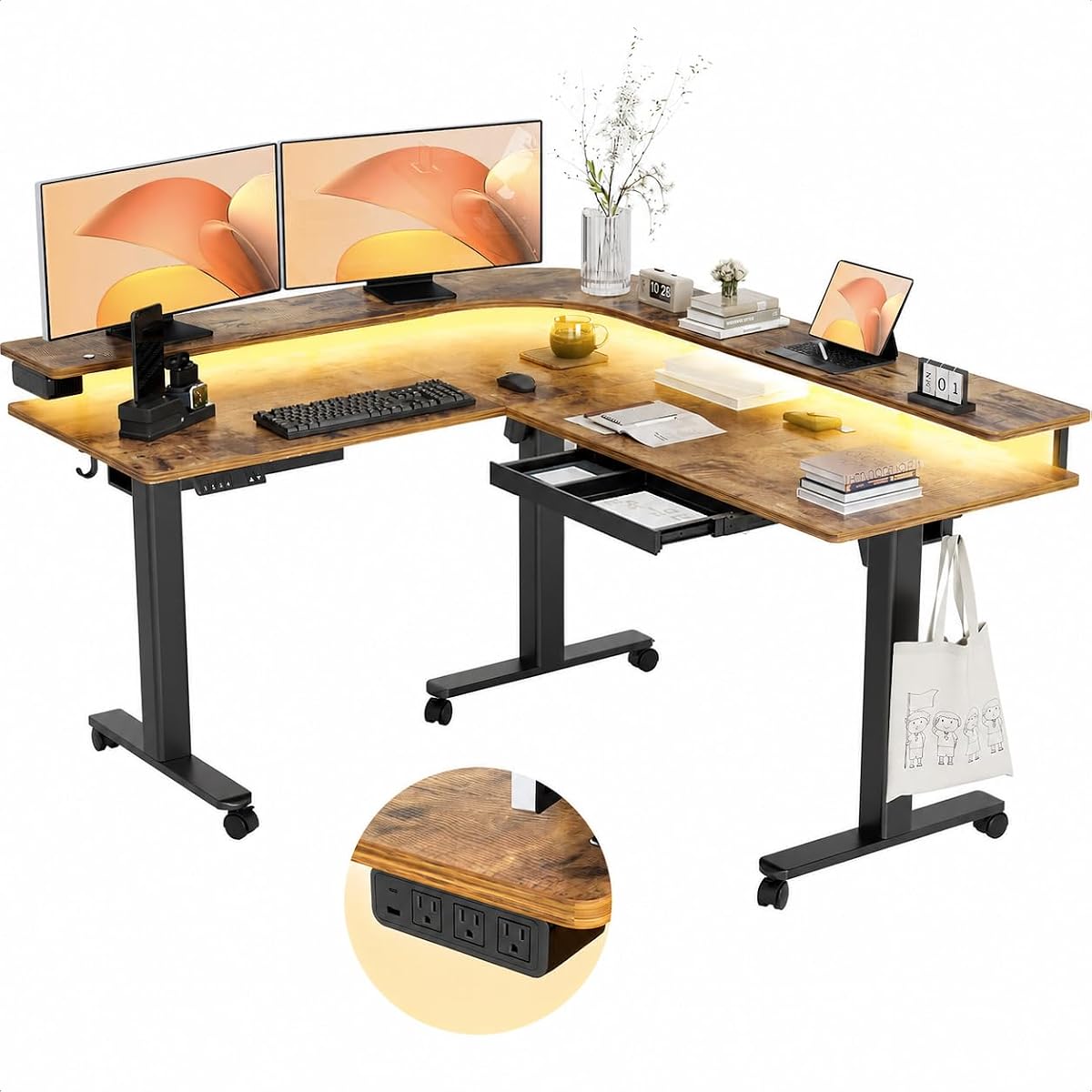 L Shaped Standing Desk with Drawers, 63 Inch, Rustic Brown