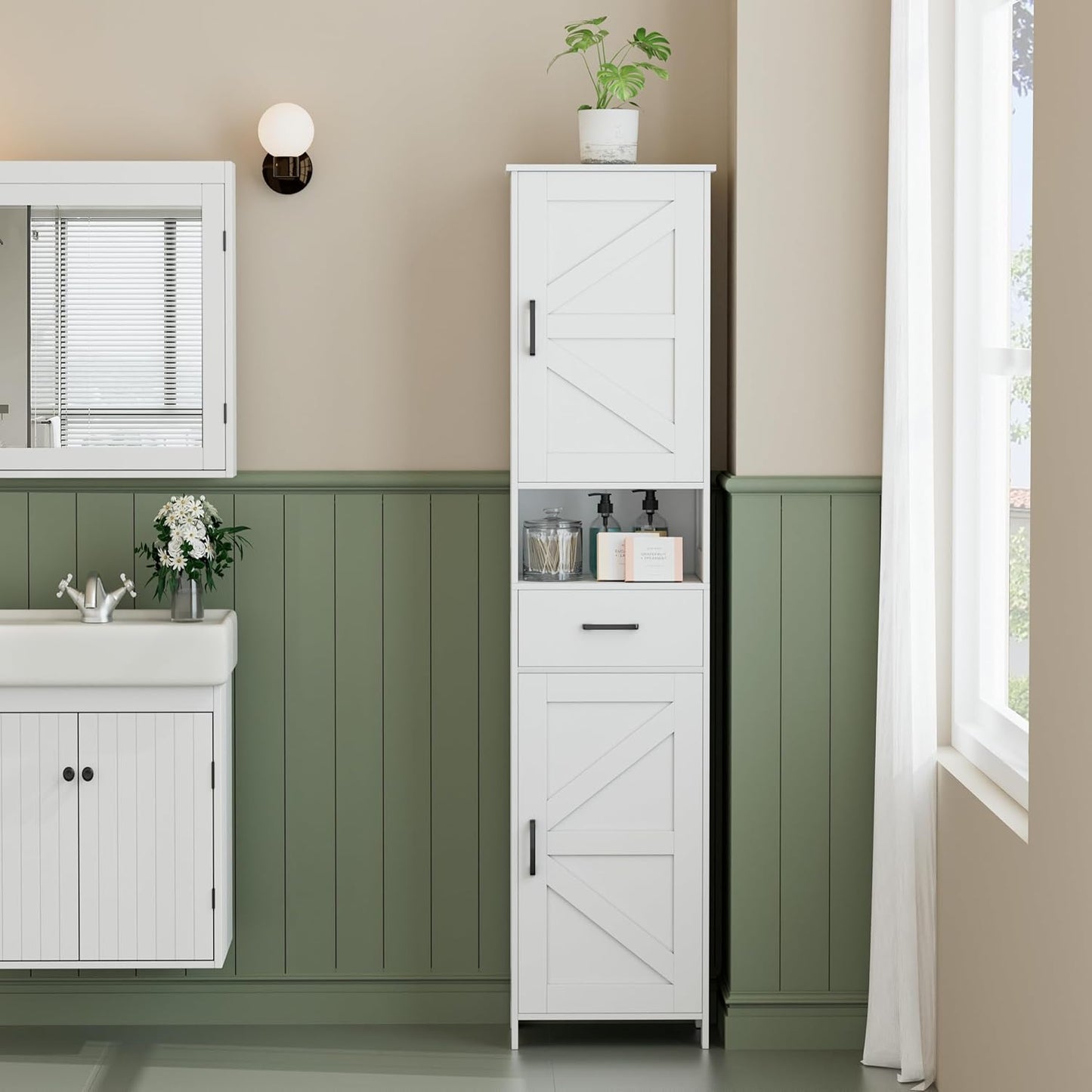 67" H Tall Bathroom Storage Cabinet with 2 Barn Doors and 1 Drawer, Narrow Storage Unit, Adjustable Shelves, Floor Cabinet for Bathroom, Living Room, Entryway, Kitchen, White, (15.7" W)