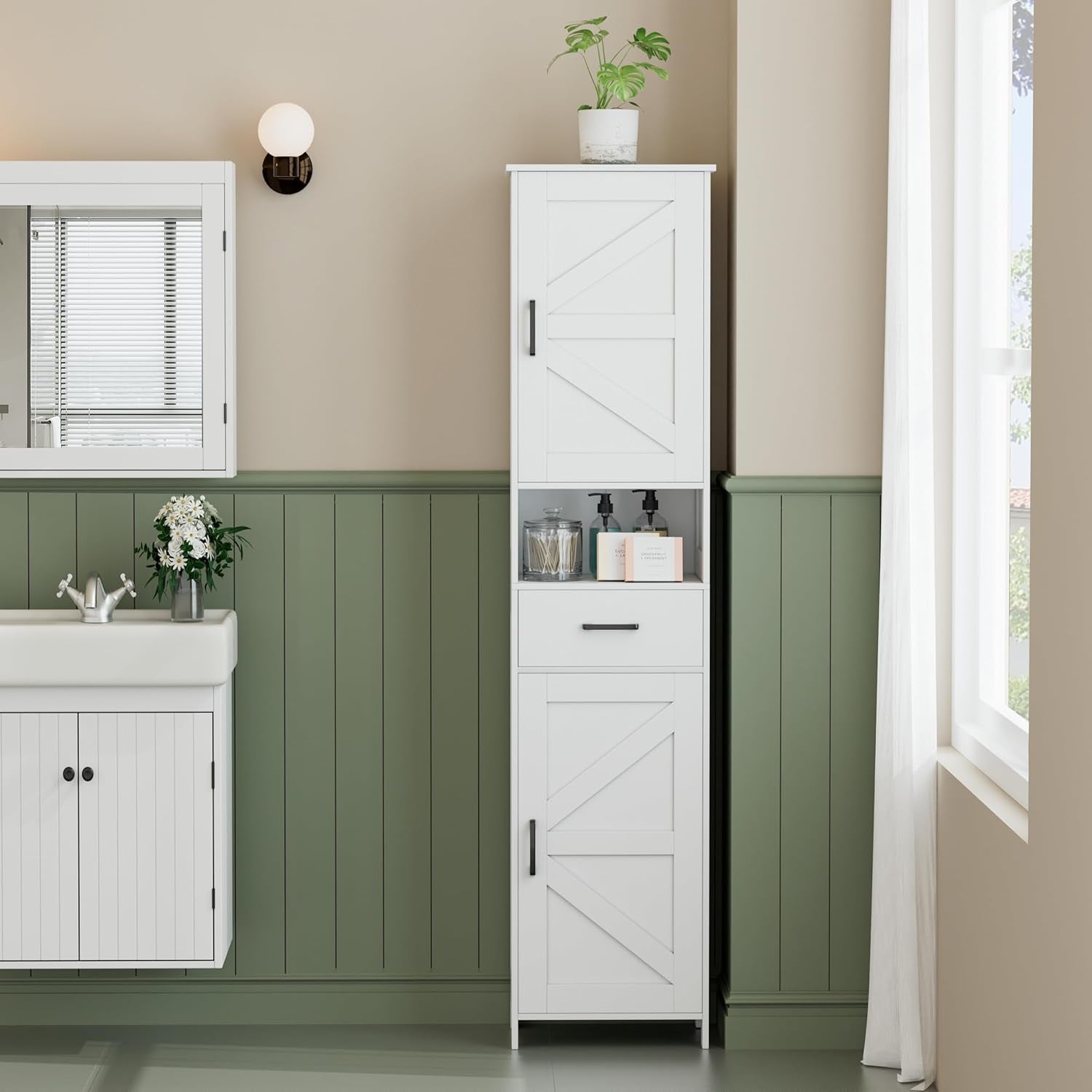 67" H Tall Bathroom Storage Cabinet with 2 Barn Doors and 1 Drawer, Narrow Storage Unit, Adjustable Shelves, Floor Cabinet for Bathroom, Living Room, Entryway, Kitchen, White, (15.7" W)