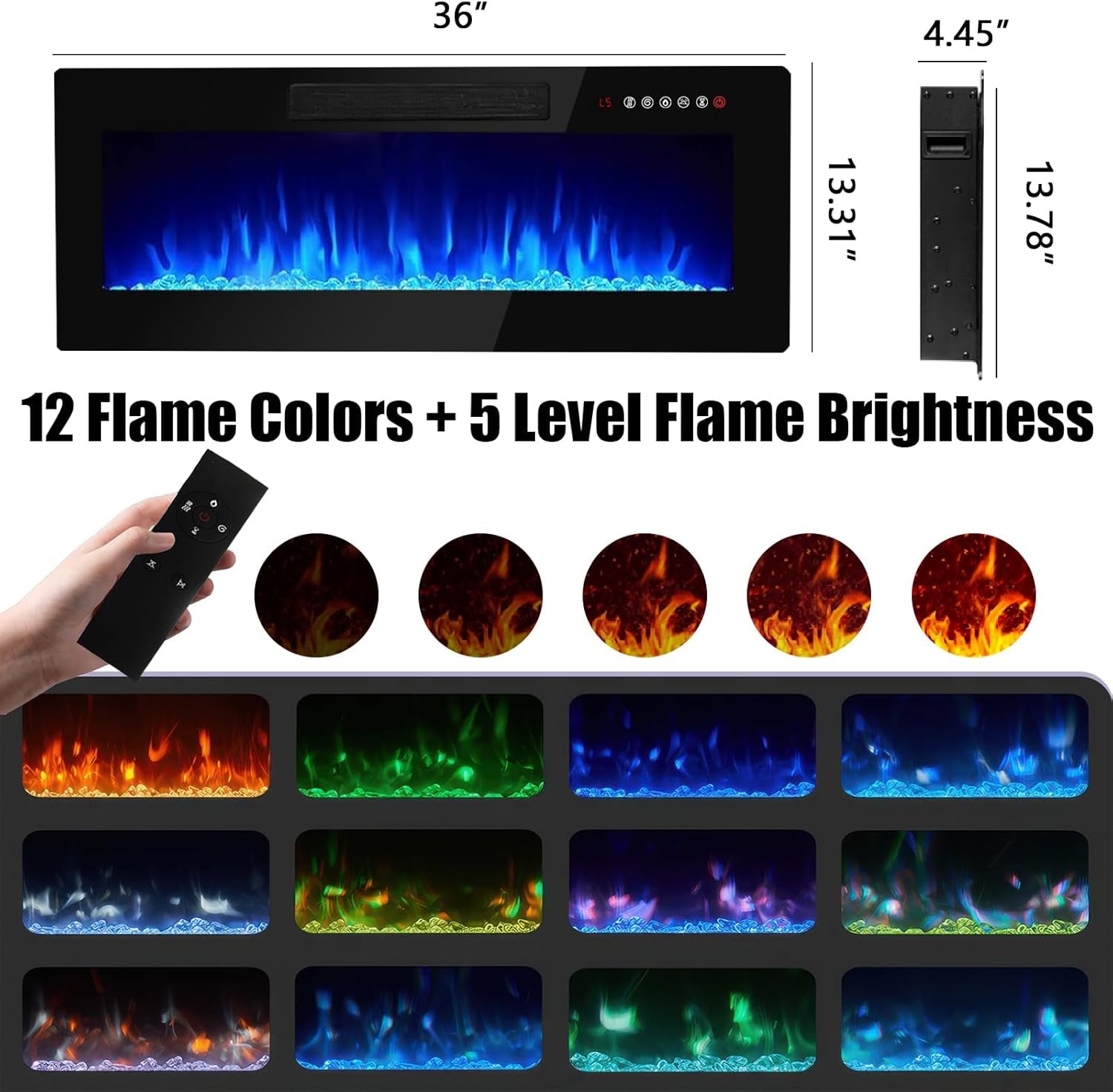 70" Modern Fireplace TV Stand with 36" Electric Fireplace for Tvs up to 80 Inch, Luxury LED Light Entertainment Center with High Gloss Cabinet, TV Consoles for Living Room, Black