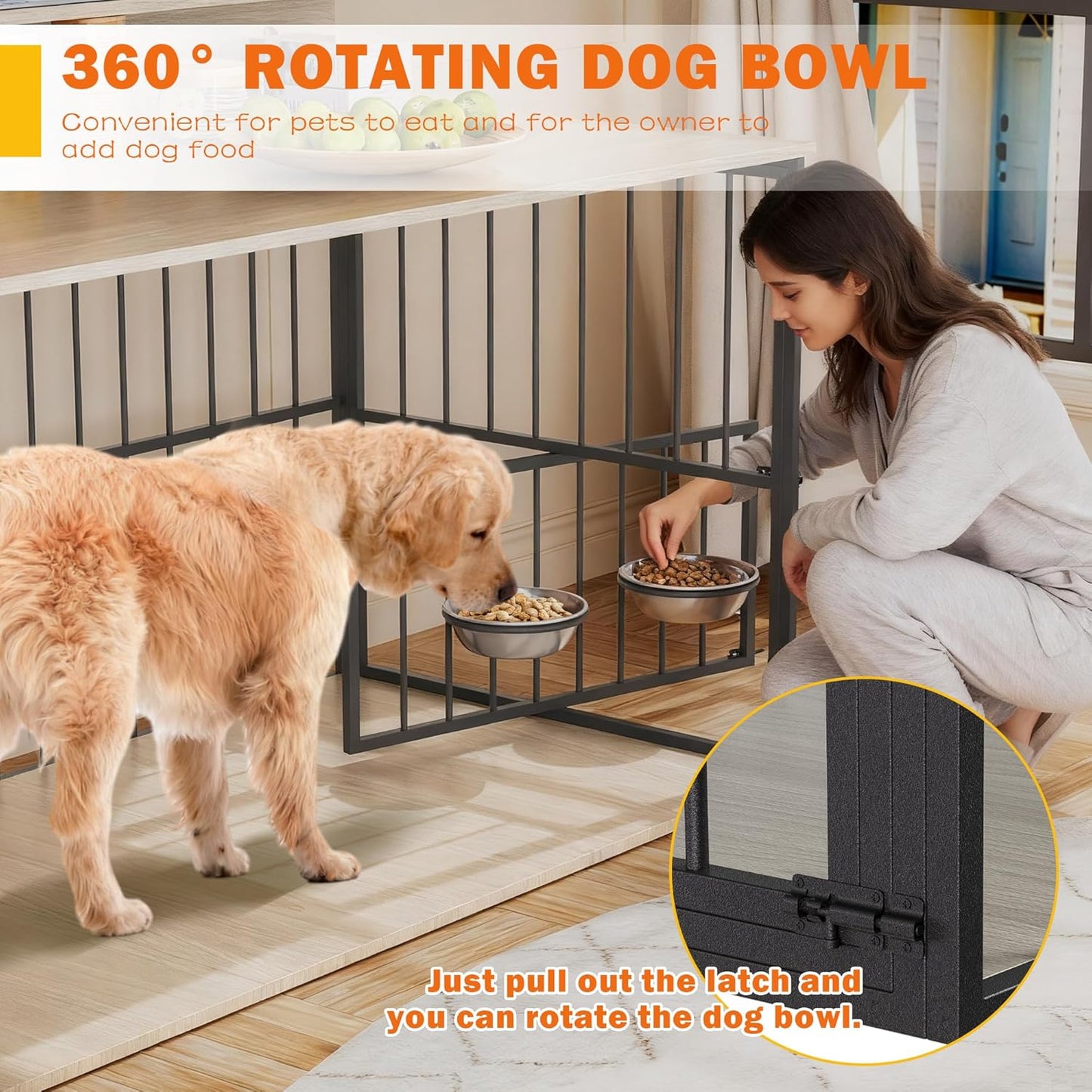 71" Dog Crate Furniture, Heavy Duty Large Dog Cage W/360° Rotating Feeder & LED Light & Power Outlets for 2 Dogs, XXL Double Dogs Kennel Furniture Indoor W/4 Lockable Doors & TV Stand Shelves