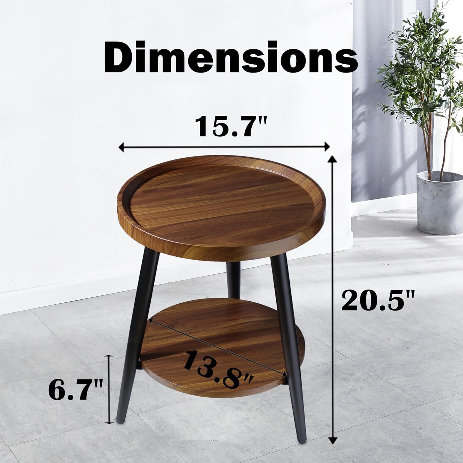 Small round Side Table, 2-Tier Mid Century Modern Side Table, round End Table Small End Table for Living Room, Metal Frames, Brown