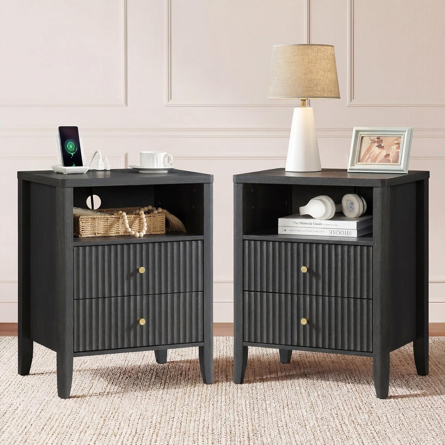 Fluted Nightstand with Charging Station Set of 2, 21" Wide Modern Bedside Table with 2 Drawers & Open Shelf, Wood End Table with Storage & Metal Handle for Bedroom, Small Spaces, Black