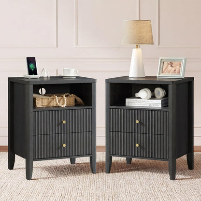 Fluted Nightstand with Charging Station Set of 2, 21" Wide Modern Bedside Table with 2 Drawers & Open Shelf, Wood End Table with Storage & Metal Handle for Bedroom, Small Spaces, Black