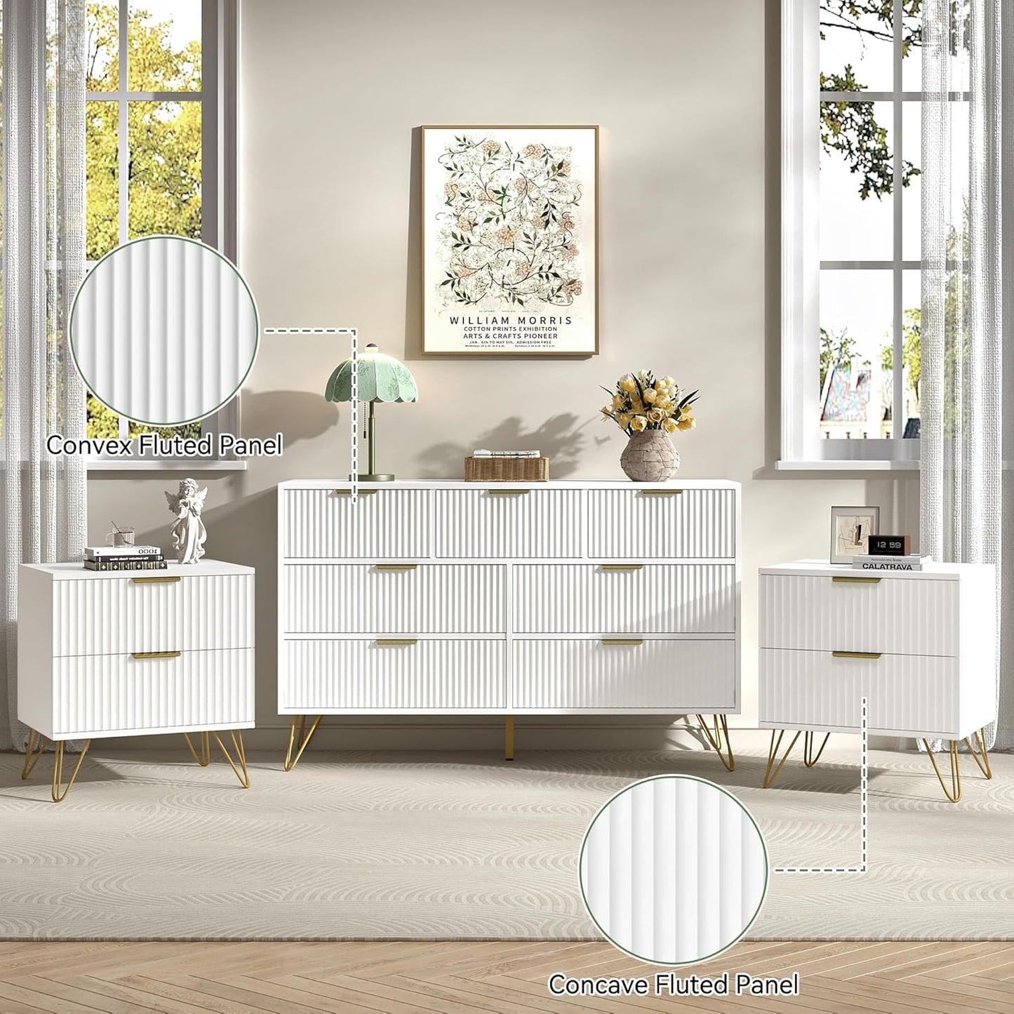 7 Drawer Dresser and Nightstand Sets for Bedroom, 3 Pcs Fluted Bedroom Set，Night Stand Set of 2 & 7 Drawer Dresser with Golden Handles, Wood Chest of Drawers Storage Cabinet Set, White