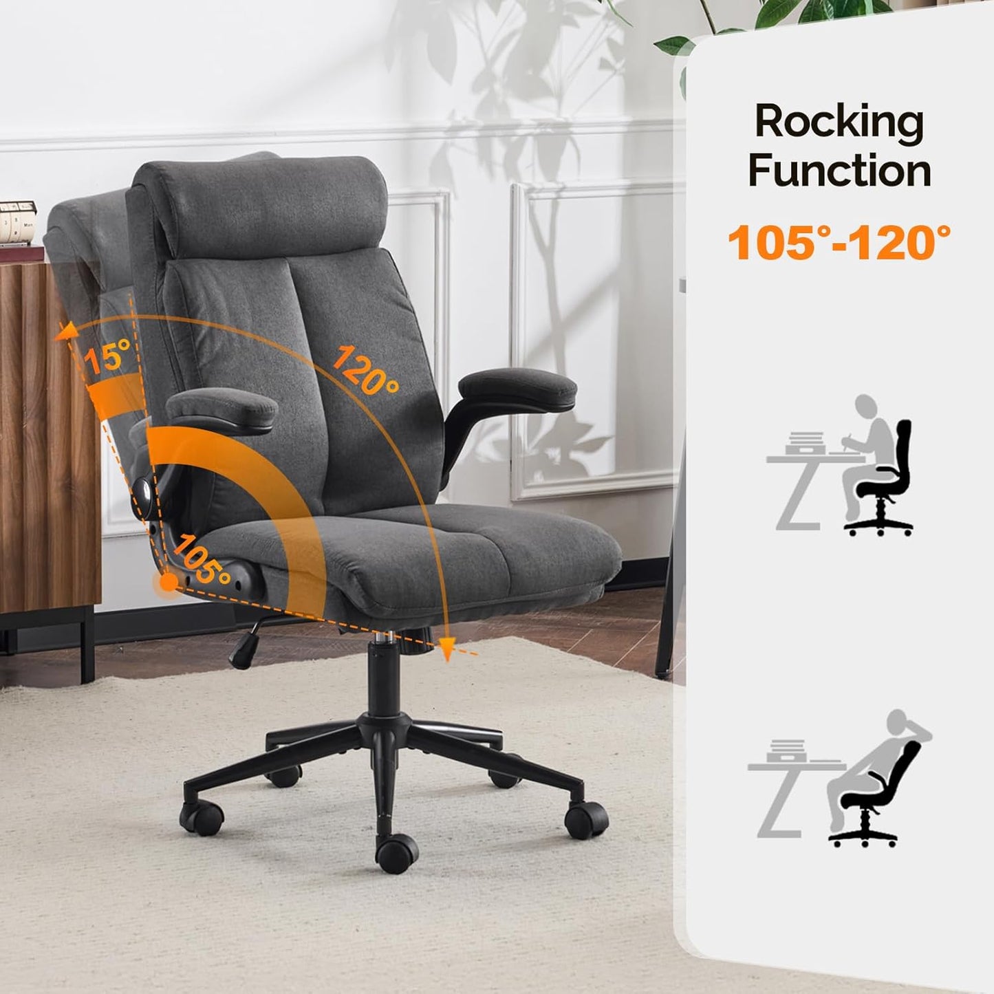Rolling Ergonomic Office Desk Chair with Padded Flip-Up Arms, 360° Swivel High Back Executive Computer Task Chair with Wheels for Game，Home Small Space, Study Room, Reading Room, Linen Black