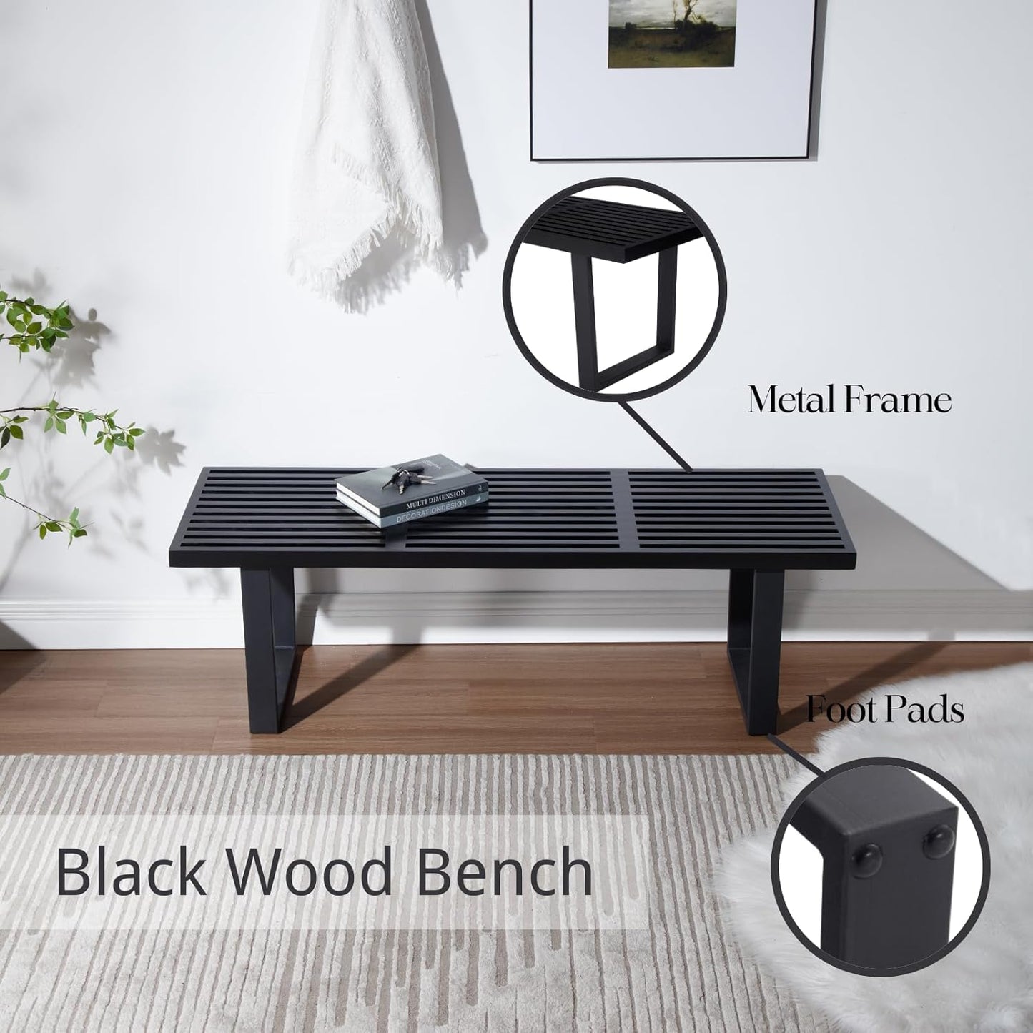 55" Black Wood Entryway Bench, Industrial End of Bed Bench for Bedroom, Wooden Dining Bench with Black Metal Frame, Long Bench Ottoman Bench for Living Room Foyer Indoor Hallway