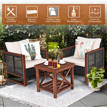 3 Pieces Patio Wicker Furniture Set, Rattan Outdoor Sofa Set w/Washable Cushion & Acacia Wood Coffee Table, Conversation Bistro Set for Garden Balcony Backyard (Beige)