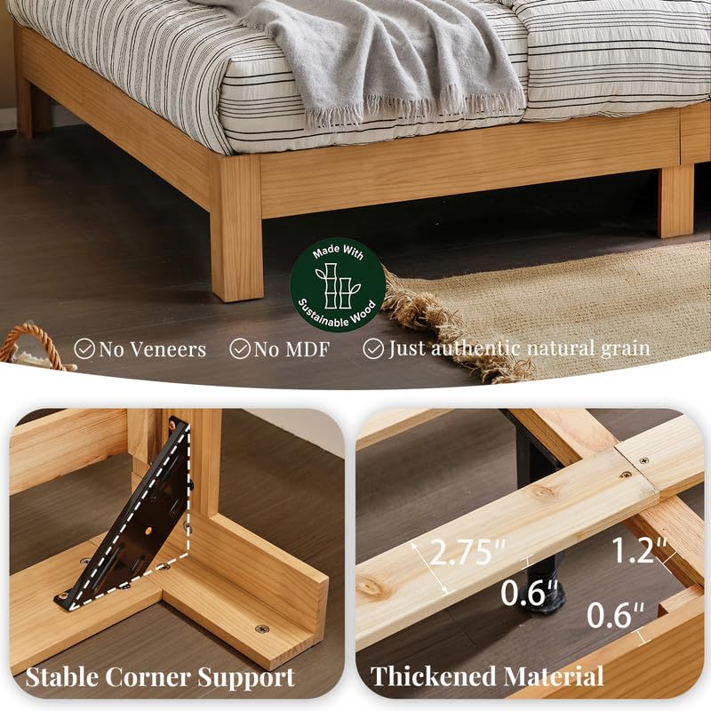 Queen Bed Frame, 11.5 Inch Solid Wood Platform Bed, Natural Pine, view 3