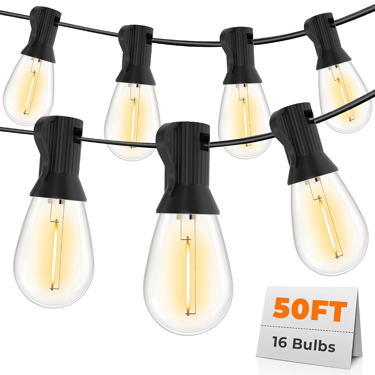 50FT LED Outdoor String Lights with 16 Shatterproof Waterproof Replaceable Bulbs
