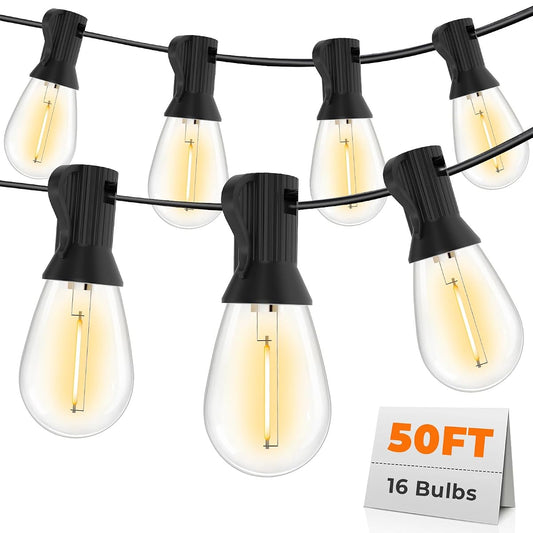 50FT LED Outdoor String Lights with 16 Shatterproof Waterproof Replaceable Bulbs(1 Spare), 2700K Commercial Grade Patio Lights, Outside Hanging Light for Yard Garden Porch Deck Decor