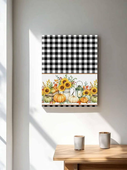 NuYeBiofx Thanksgiving Pumpkin Sunflower Canvas Wall Art Prints,30"x20" Framed Picture Artwork Fall Leaves Buffalo Plaid Printed Canvas Oil Painting for Living Room Bedroom Office,Ready to Hang