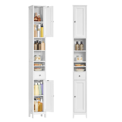 VASAGLE Tall Storage Cabinet, Slim Freestanding Floor Cabinet with Adjustable Shelves, Drawer, Open Compartments, for Small Spaces, Bathroom, Living Room, Modern, Cloud White UBBC765W01