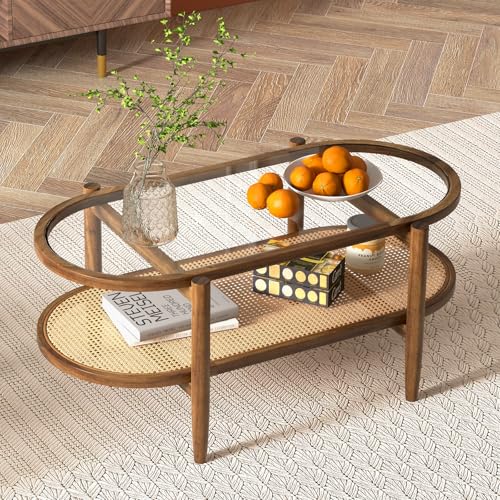 Rattan Coffee Table, 2-Tier Oval Acacia Wood Tea Table w/Tempered Glass Tabletop & PE Rattan Storage Shelf, Boho Cocktail Tables, Mid Century Modern Center Table for Living Room Office, Brown