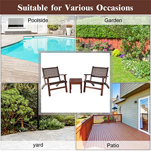 3 Pieces Patio Conversation Set, Solid Eucalyptus Wood Frame Outdoor Wicker Furniture Set Bistro Set with Coffee Table, Rattan Furniture Set for Backyard Porch Garden Poolside Balcony (Brown)