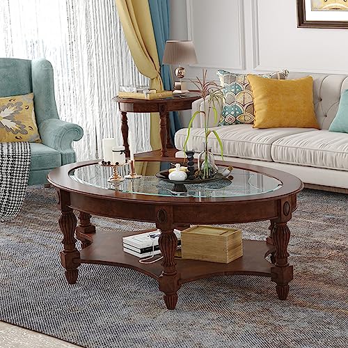 Solid Wood Oval Coffee Table with Glass Top&Shelf, 44.9"W*34"D | Cherry Walnut Wood Glass Sofa Center Table for Home Office, Vintage Cocktail Table with Storage Shelf, Fits Any Styles