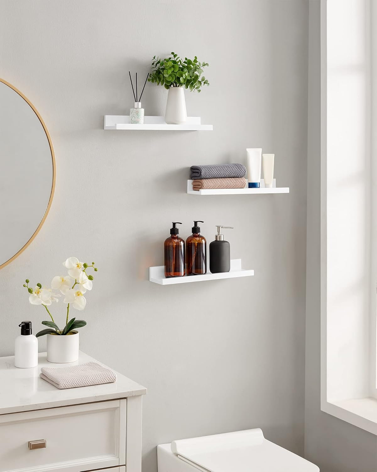 Floating Shelves, Set of 3 Wall Shelves, 15-Inch Wide, for Photo Frames and Trinkets, for Living Room, Home Office, Kitchen, Bathroom, White ULWS38WT