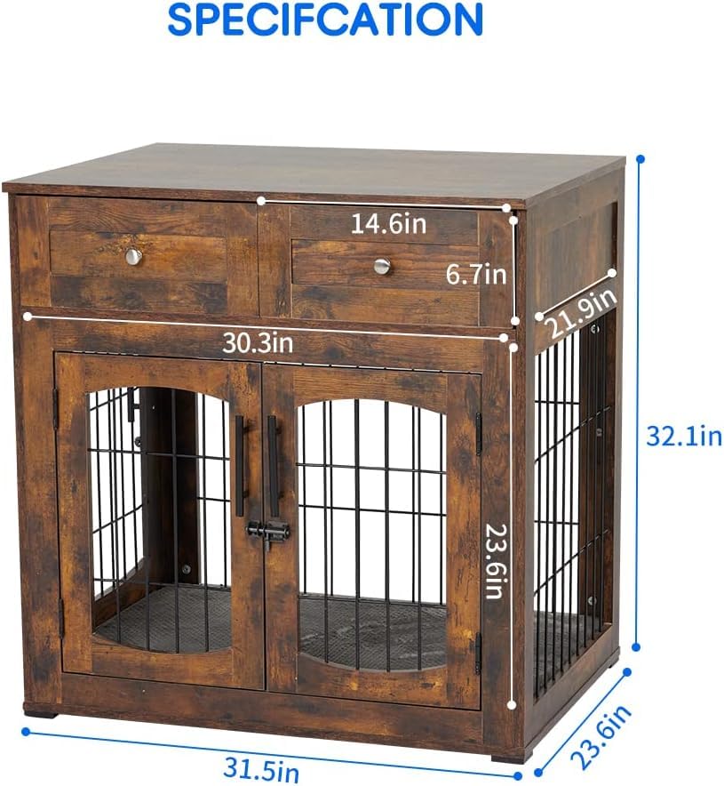 Dog Crate Furniture with Cushion,Wooden Dog Kennels Indoor with 2 Drawers, view 5