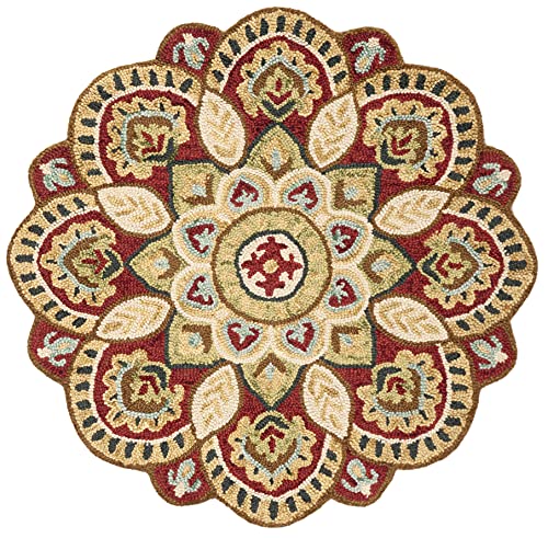 SAFAVIEH Novelty Collection Area Rug - 4' Round, Red & Taupe, Handmade Boho Floral Rustic Country Wool, Ideal for High Traffic Areas in Living Room, Bedroom (NOV604Q)