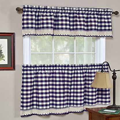 3-Piece Navy Kitchen Tier & Valance Set, 29W x 36L Inches, Checkered Plaid Gingham Design, Farmhouse Tier Panels, Buffalo Cafe Curtain with Swag and Tier Pair Set