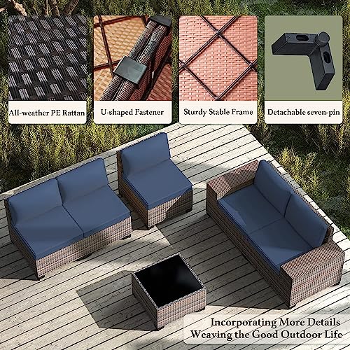 6 PCS Outdoor Patio Furniture Set,Outdoor Sectional Furniture All Weather PE Rattan Wicker Patio Conversation Set with Coffee Table and 5 Thickened Cushions,Navy Blue