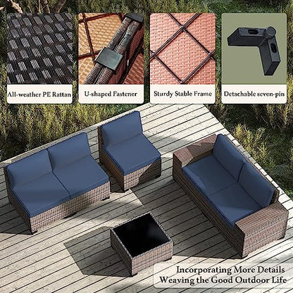 6 PCS Outdoor Patio Furniture Set,Outdoor Sectional Furniture All Weather PE Rattan Wicker Patio Conversation Set with Coffee Table and 5 Thickened Cushions,Navy Blue