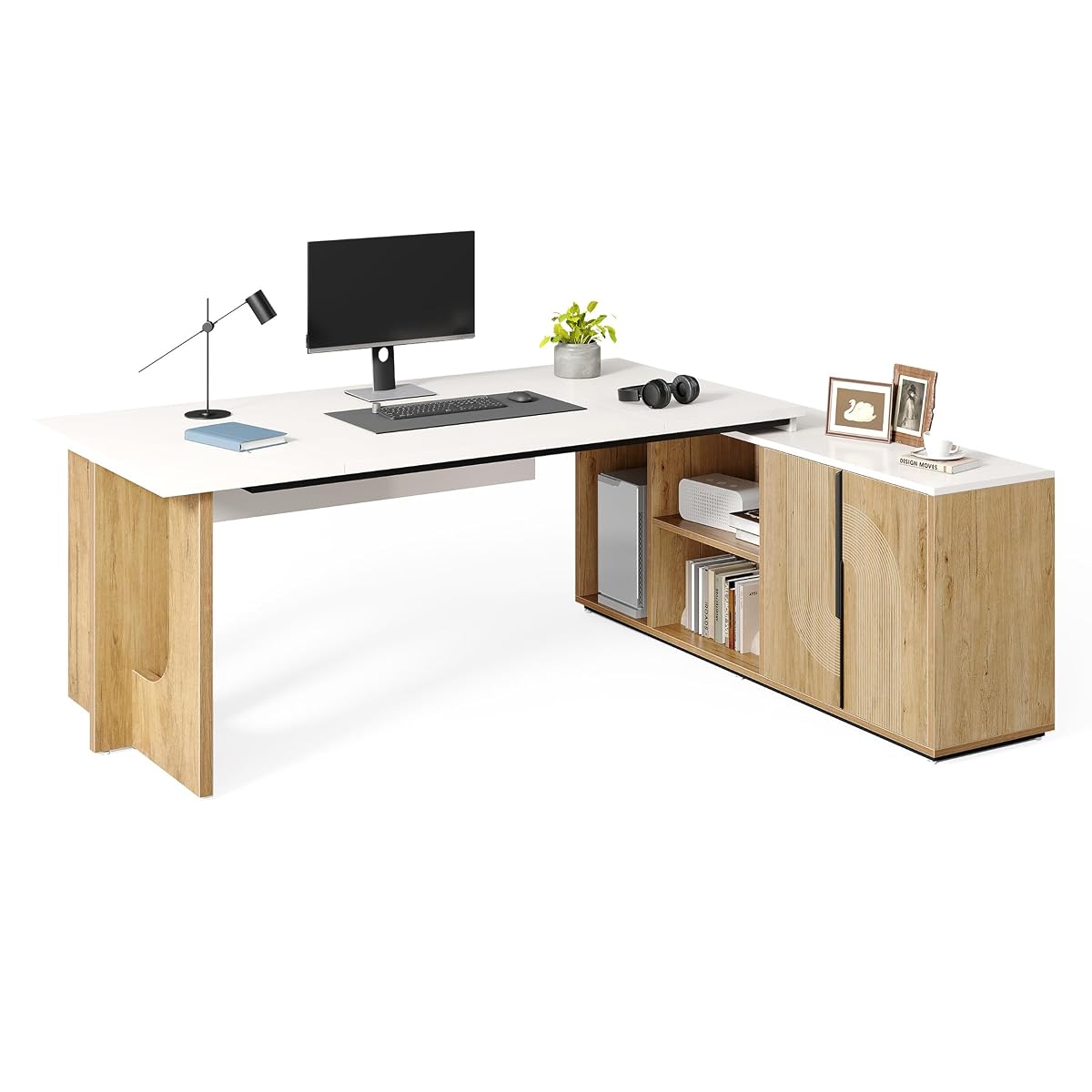 74-Inch Executive L-Shaped Desk with Storage Cabinet & Shelves