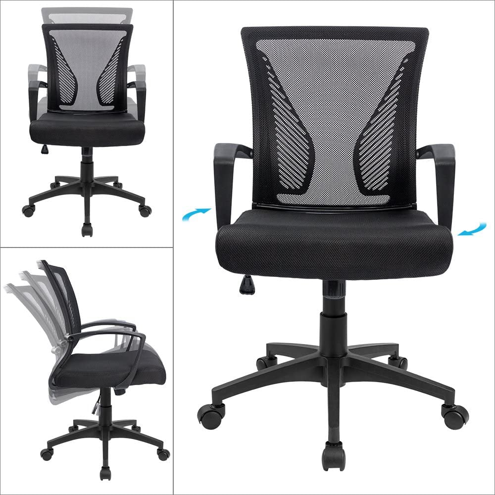 Office Chair Ergonomic Computer Desk Mesh Chair Mid Back Swivel Lumbar Support with Armrest (1, Black)