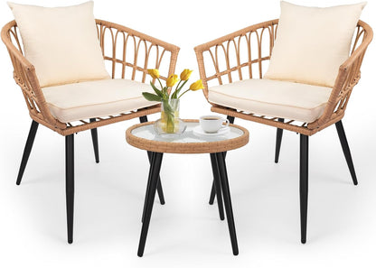 3-Piece Patio Dining Set, Featuring a round PE Rattan Table and 2 Chairs, Suitable for Bedrooms, Porches and Gardens All-Weather Furniture Set Includes Tempered Glass, Thick Cushions