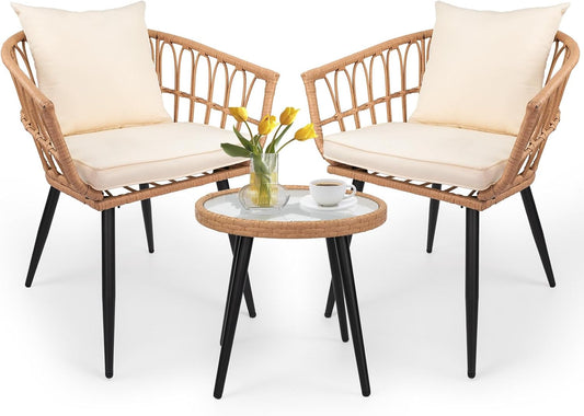 3-Piece Patio Dining Set, Featuring a round PE Rattan Table and 2 Chairs, Suitable for Bedrooms, Porches and Gardens All-Weather Furniture Set Includes Tempered Glass, Thick Cushions
