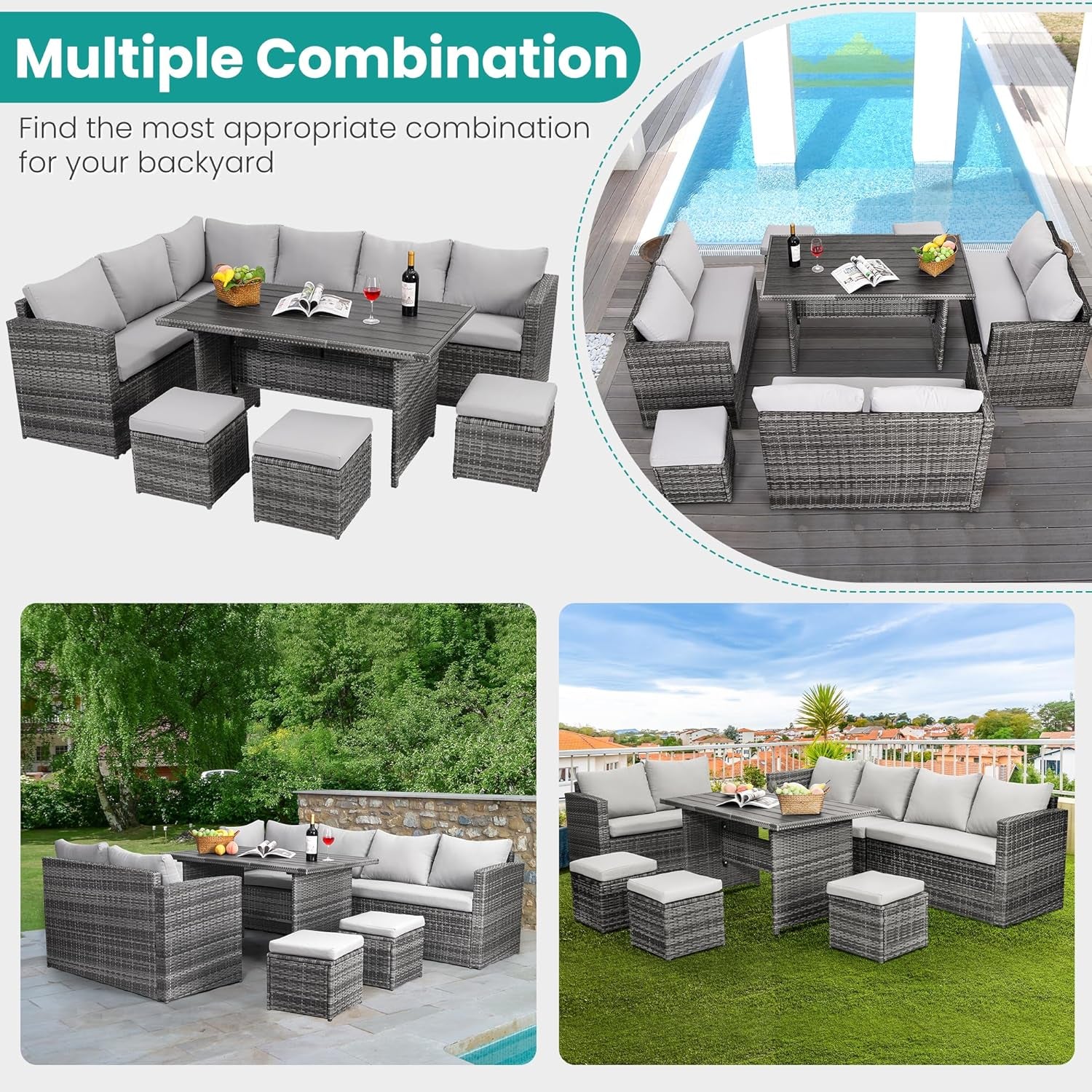 Patio Furniture Set, 7 Pieces Outdoor Patio Furniture with Dining Table&Chair, All Weather Wicker Conversation Set with Ottoman,Grey (Include Sofa Dust Cover)