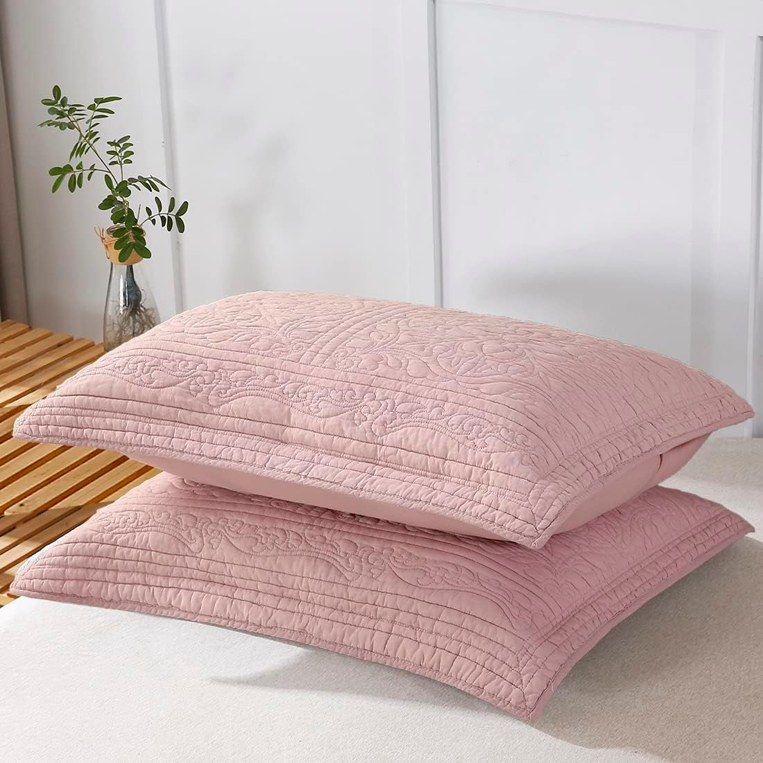 100% Cotton Quilted Pillow Sham Floral Printed Pillow Cover (Standard, Dusty Pink)