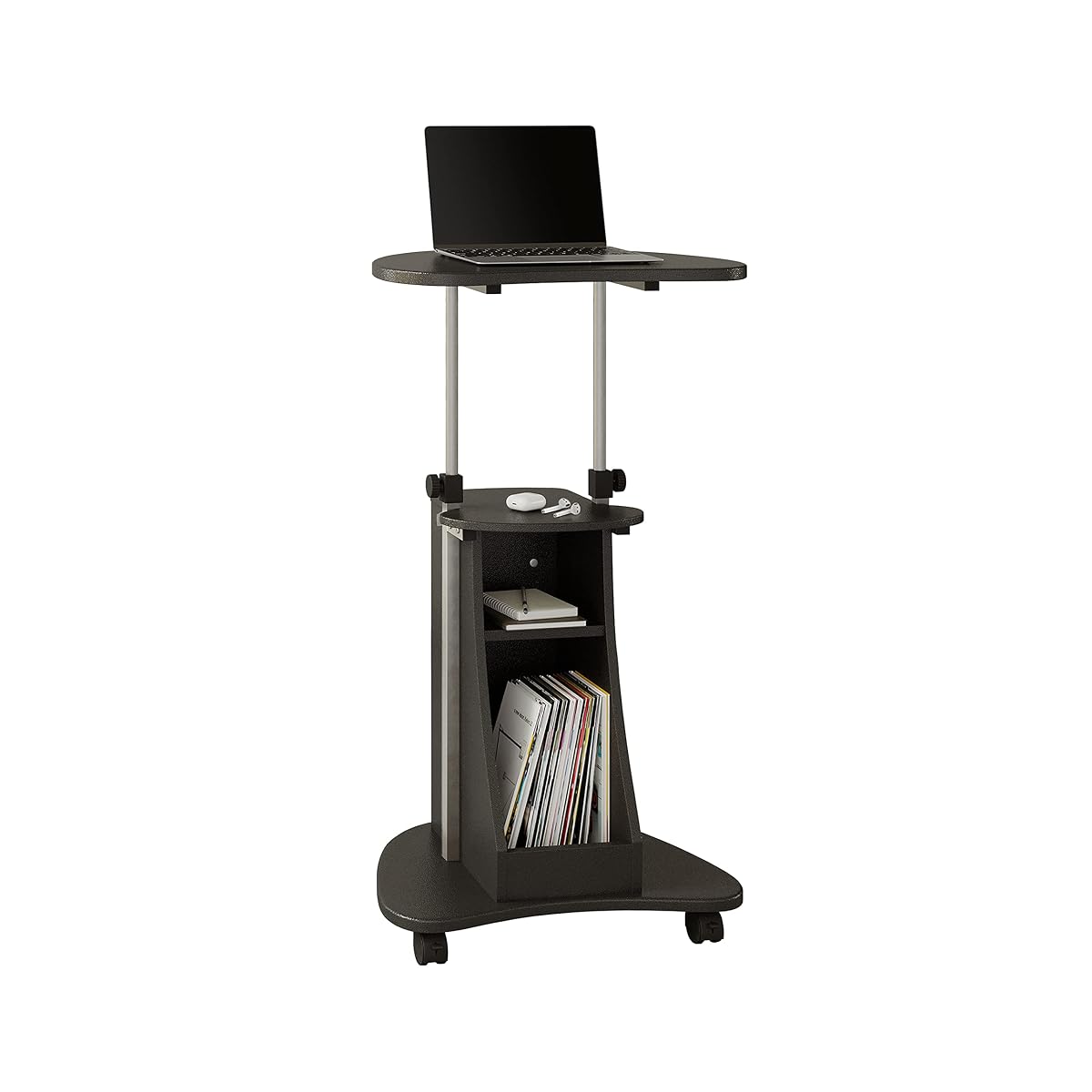 Adjustable Height Rolling Laptop Cart with Storage, Graphite