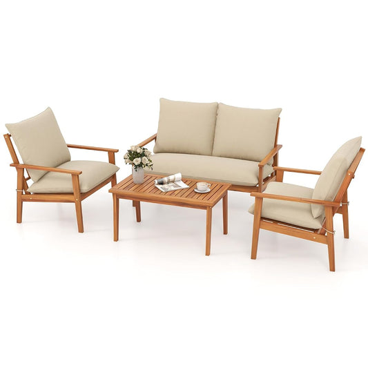 4 Pieces Patio Furniture Set, Outdoor Acacia Wood Conversation Set with Soft Cushions and Coffee Table, Outdoor Sectional Sofa Set for Lawn, Garden, Backyard and Poolside (1, Natural)