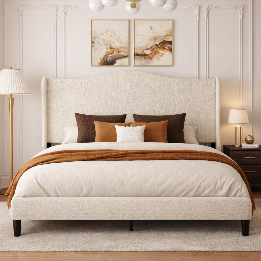 Queen Upholstered Bed Frame with 55.5" Tall Wingback Headboard
