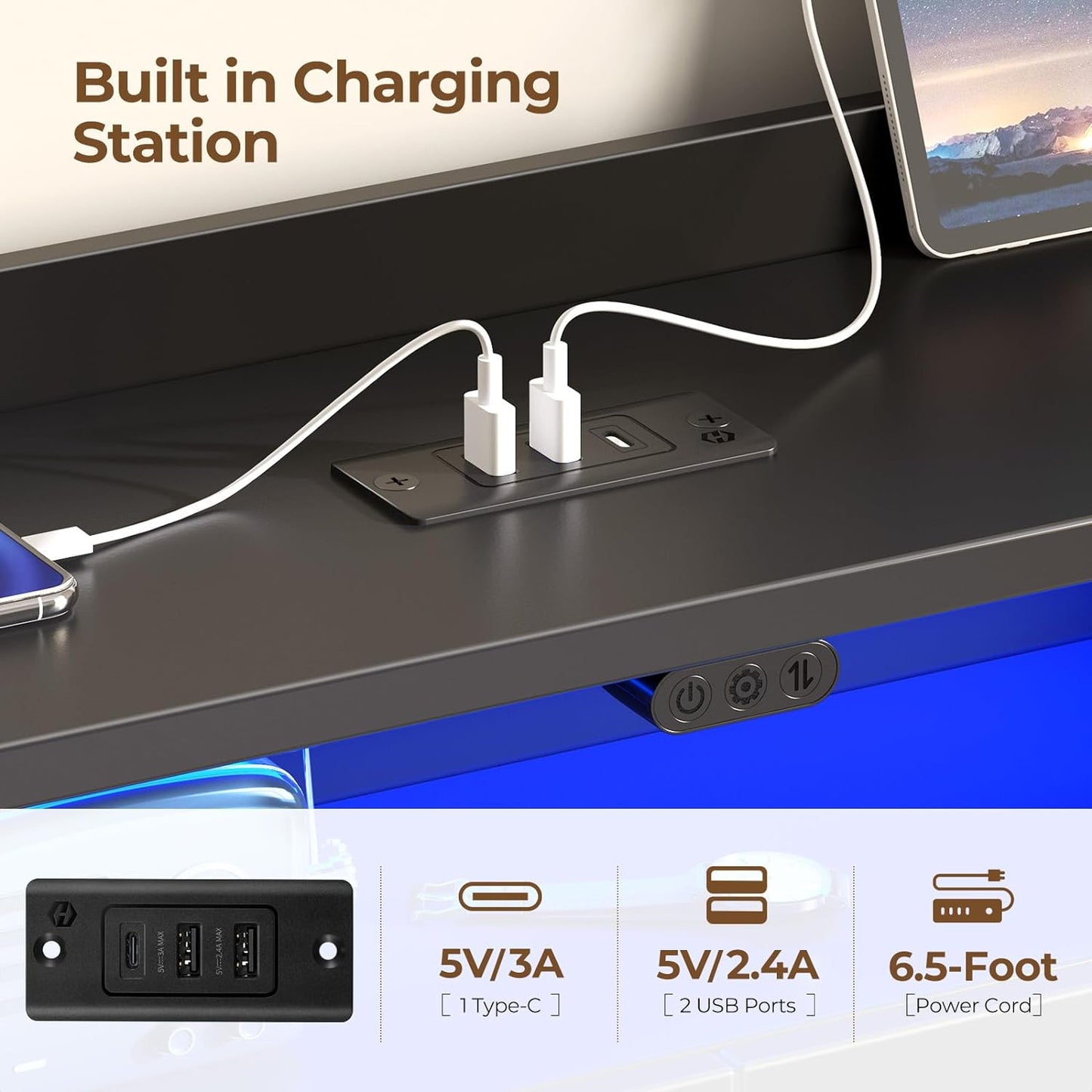 Twin Bed Frame with Headboard, LED Bed with Bookcase Storage and Charging Station, Metal Platform Bed with Glass Shelves, No Box Spring Needed, Noise-Free, Black