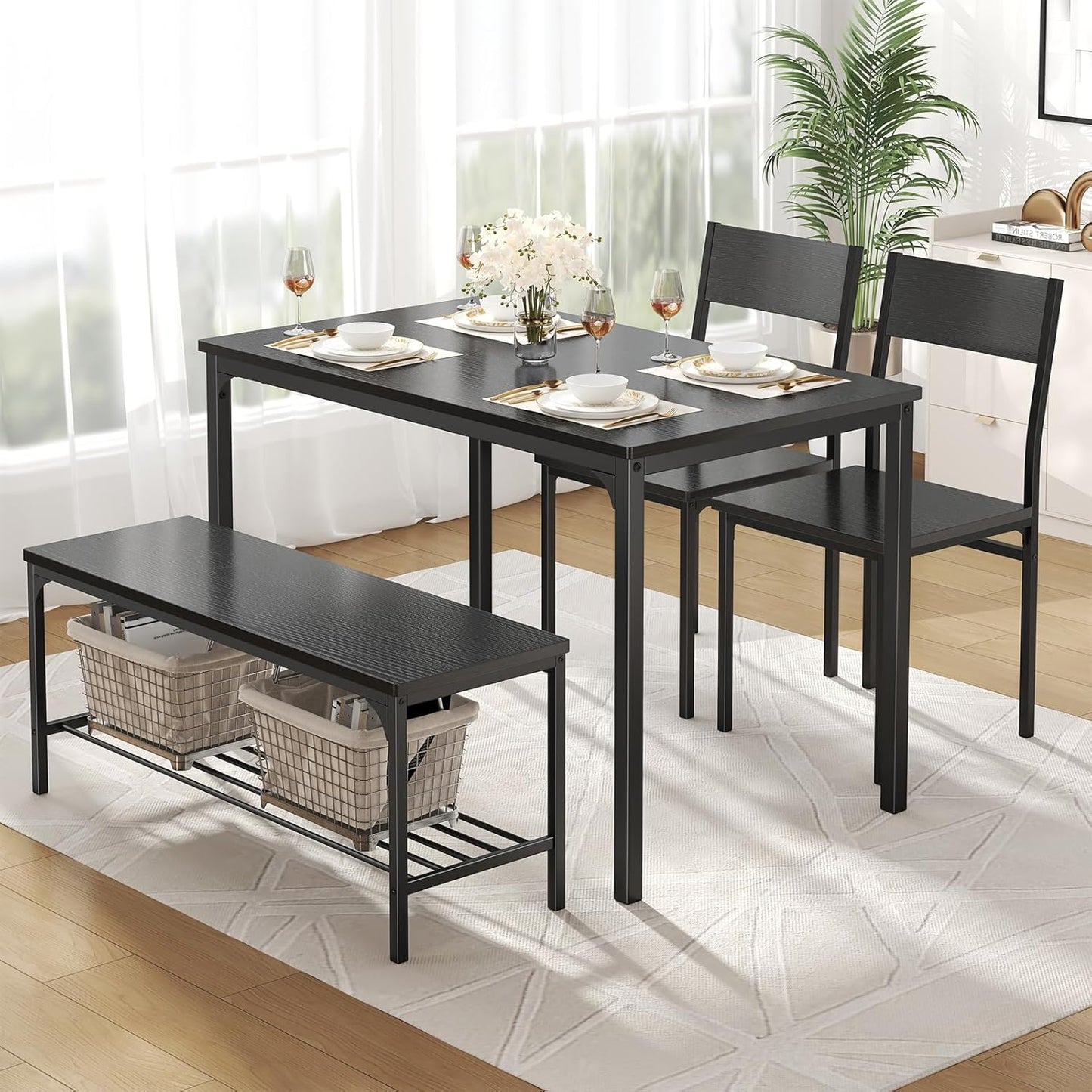 Dining Table Set, Dining Table for 4 with Bench, Kitchen Table, Space-Saving Ideal 4-Person Set for Dining Room Kitchen Apartment Corner Black 4 Pack