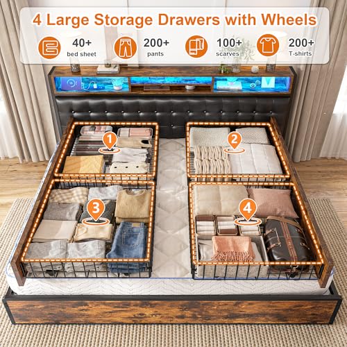 King Bed Frame with 4 Drawers, Charge Station & LED Lights, view 4