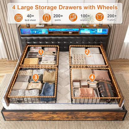 King Bed Frame with 4 Drawers, Charge Station & LED Lights, view 4