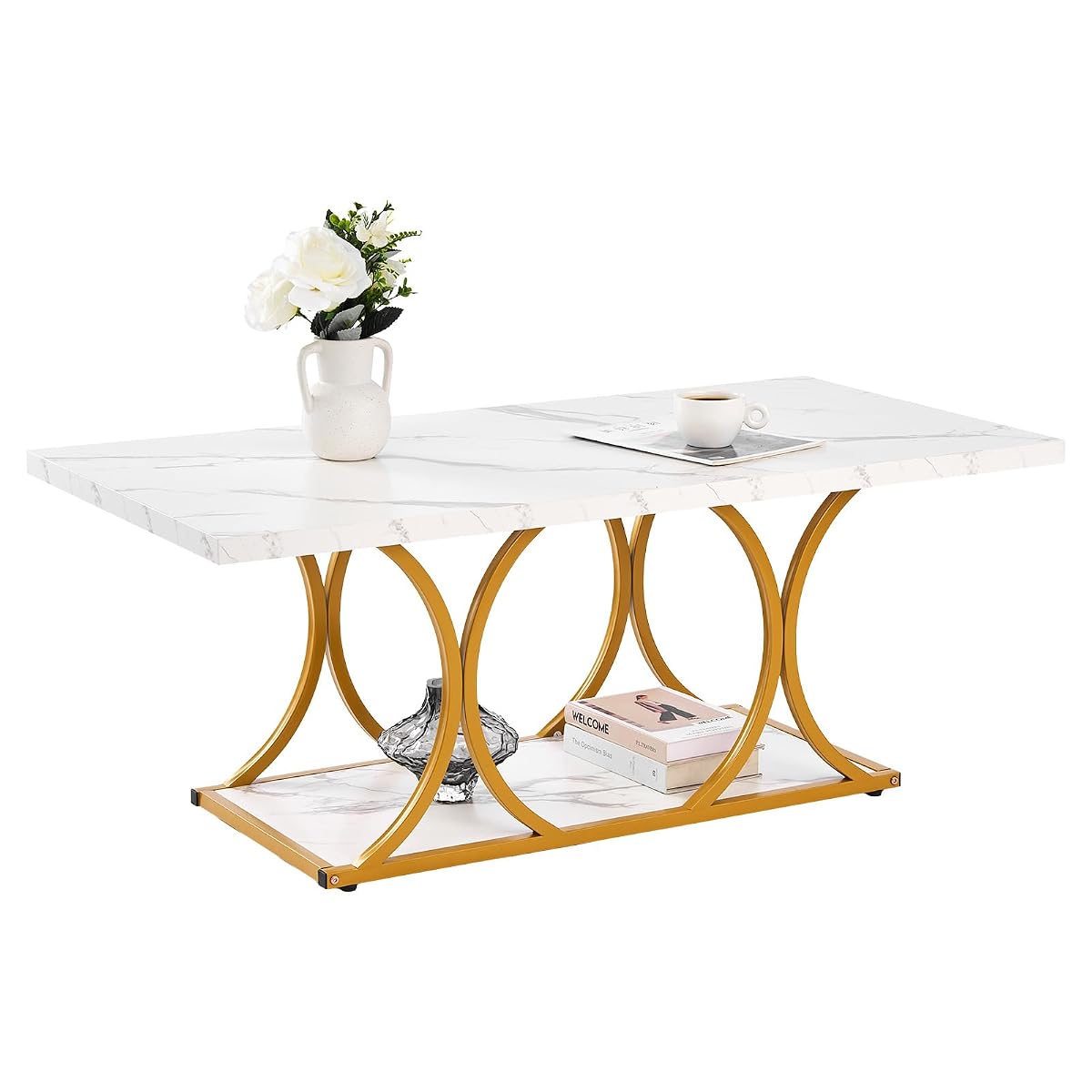 Coffee Table, Modern Faux Marble Coffee Table, Large 2-Tier Rectangle Center Desk with Geometric Legs, Minimalist Sturdy Metal Frame Accent End Desk for Living Room, Office, Easy Assembly, White