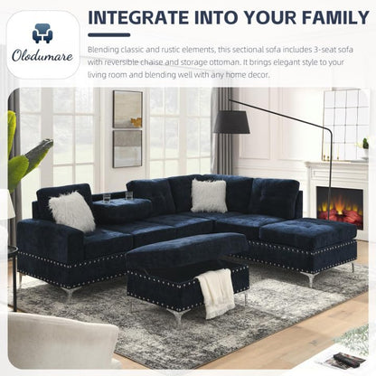Living Room Furniture Sets, L-Shape Sectional 5-Seater Sofa with Extra Wide Reversible Chaise, Storage Ottoman and Cup Holders and Copper Nails, 2 Pillows, Navy Blue